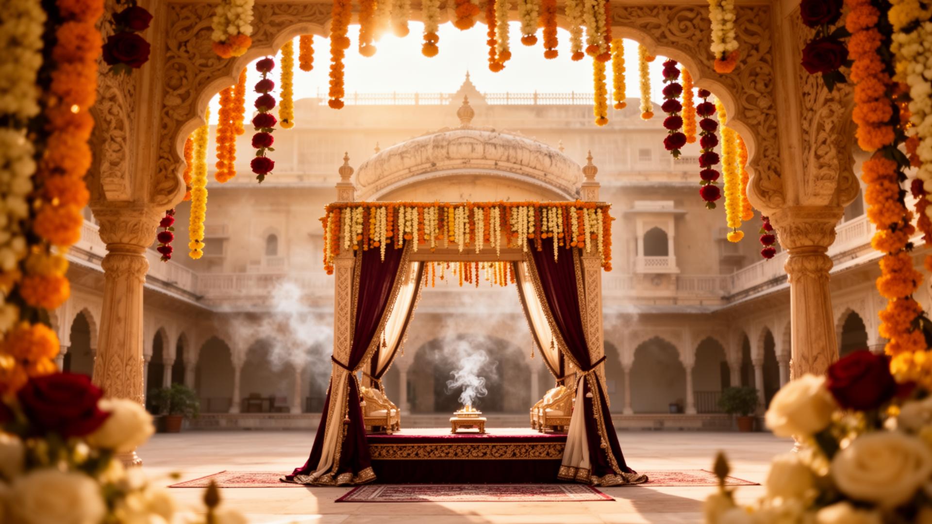 Couple at their lakeside mandap in a heritage palace courtyard in Udaipur